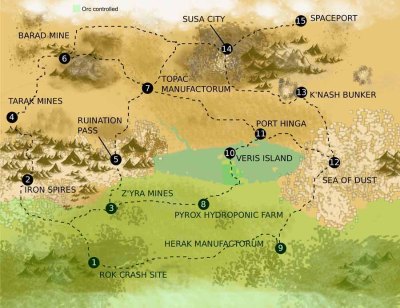 Map of Hegira, with ork-controlled areas highlighted in green.
