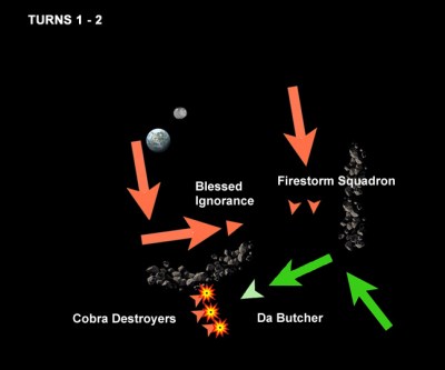 Da Butcher suddenly turns away from the Imperial attack and strikes at the weak destroyer squadron.
