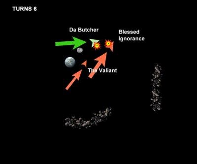 Da Butcher and Blessed Ignorance trade fire, with both ships suffering critical hits to bridge or engine room.