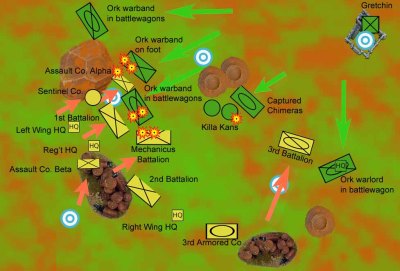 The early hours of the battle saw the ork forces advance on the Imperial line, only to be met with highly focused counterattacks designed to cause massive xeno casualties.
